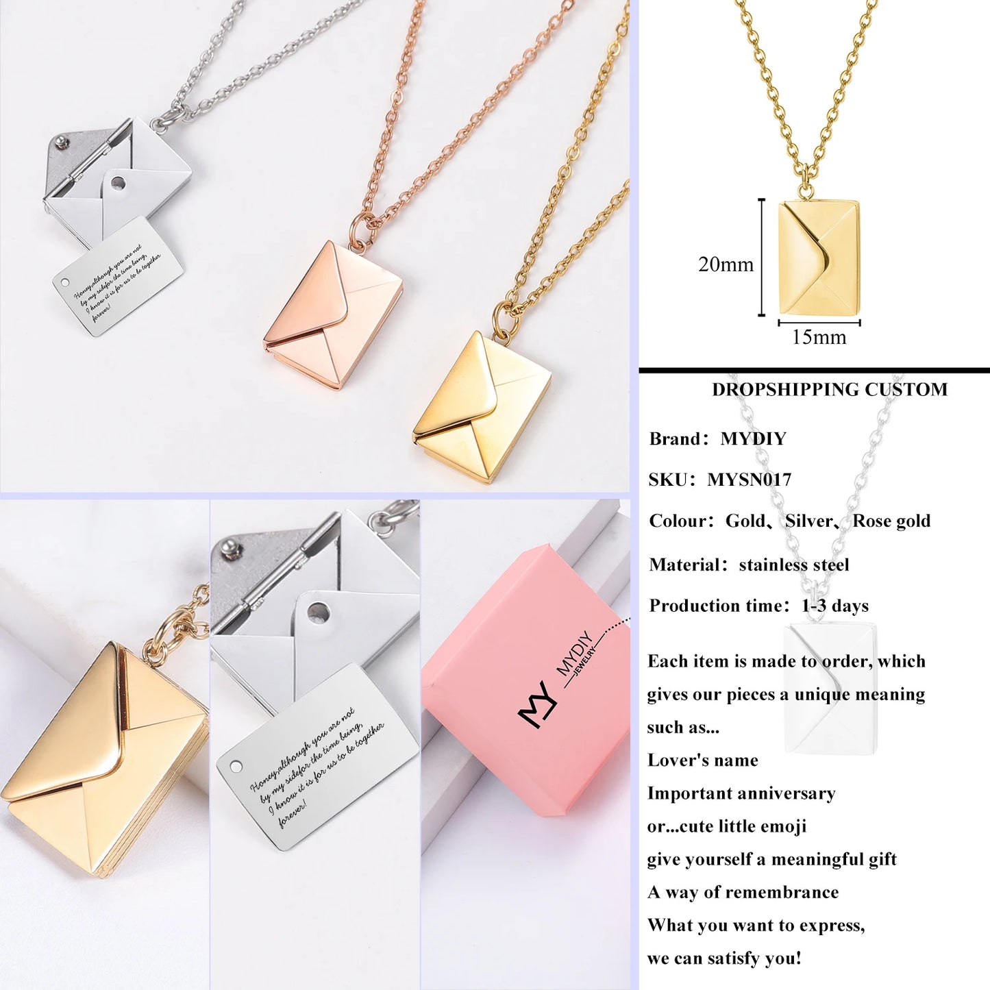 Love Letter Envelope Pendant Necklace Customized Stainless Steel